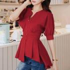 Puff-sleeve Pleated Hem Plain Blouse
