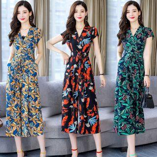 Cap Sleeve V-neck Printed Wide-leg Jumpsuit