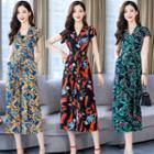 Cap Sleeve V-neck Printed Wide-leg Jumpsuit