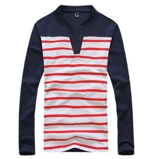 Long-sleeve Open-placket Striped T-shirt