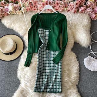 Set: Gingham Knit Slipdress + Plain Cardigan