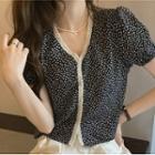 Puff-sleeve Floral Print Lace Trim Button-up Top Black - One Size