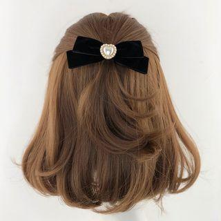 Faux Pearl Heart Velvet Bow Hair Clip