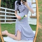 Short Sleeve V-neck Floral Print Slit Chiffon Dress