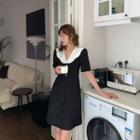 Contrast Collar Short-sleeve Cropped Blouse / A-line Dress
