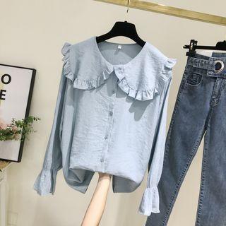 Long-sleeve Frill Trim Wide Collar Buttoned Top