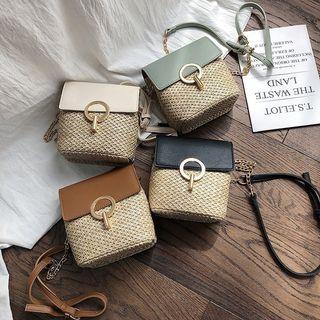 Faux Leather Flap Cover Straw Crossbody Bag
