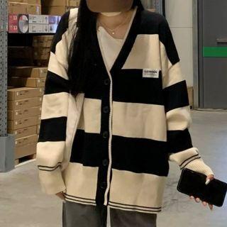 V-neck Striped Cardigan Black & Milky White - One Size