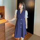 Mock Two-piece Short-sleeve Bow-accent A-line Dress