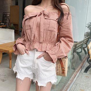 Bow Accent Off-shoulder Long-sleeve Peplum Top