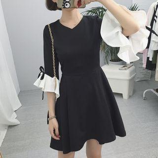 Color Panel 3/4 Sleeve A-line Dress