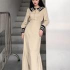 Striped Long-sleeve Blouse / Plain Maxi Skirt