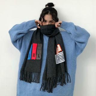 Lettering Applique Fringed Scarf