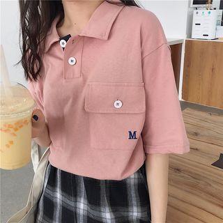 Letter Embroidered Elbow-sleeve Polo Shirt
