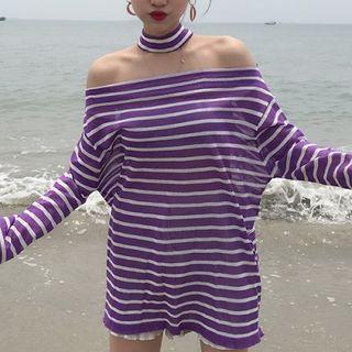 Choker Neck Striped Off-shoulder Long-sleeve Top