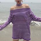 Choker Neck Striped Off-shoulder Long-sleeve Top