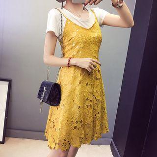 Set: Plain Short Sleeve T-shirt + Spaghetti Strap Lace Dress