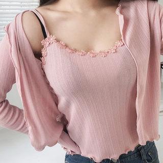 Set: Open-front Cardigan + Spaghetti-strap Lace-trim Top
