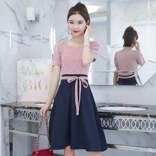Short-sleeve Plaid Color Block A-line Dress