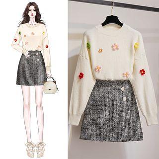 Flower Sweater / Tweed A-line Skirt / Set