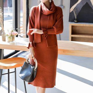 Set: Long-sleeve Midi Knit Dress + Scarf