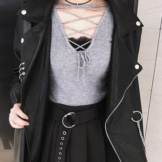 Plain V-neck Convestable Slim-fit Long-sleeve Knit Top