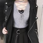 Plain V-neck Convestable Slim-fit Long-sleeve Knit Top