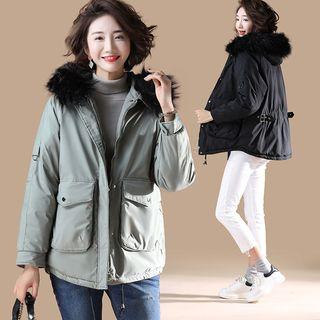 Plain Hooded Shearling-collar Cotton Jacket