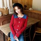 Contrast-collar Rib-knit Cardigan Red - One Size