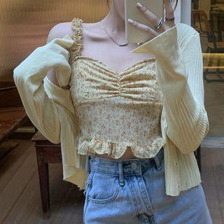 Long-sleeve Plain Knit Cardigan / Ruffled Trim Floral Tank Top