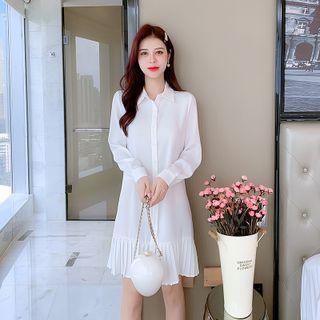 Set: Long-sleeve Pleated Shirtdress + Spaghetti Strap Stitched Trim Vest