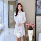 Set: Long-sleeve Pleated Shirtdress + Spaghetti Strap Stitched Trim Vest