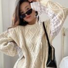 Mock Two-piece Stiped Panel Cable Knit Sweater