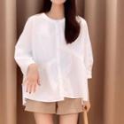 Elbow-sleeve Plain Asymmetric Ruched Loose Fit Top
