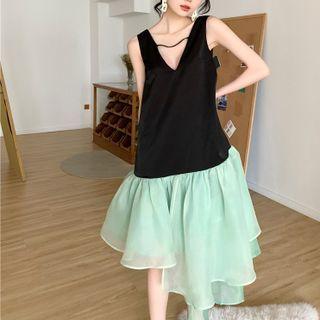 Sleeveless V-neck Two-tone A-line Dress