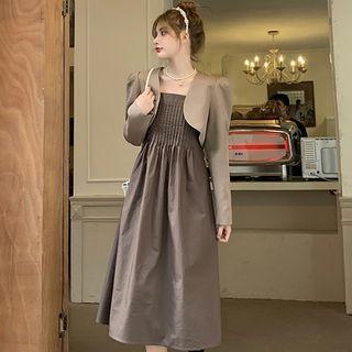 Spaghetti Strap Plain Ruched Midi Dress / Cropped Blazer