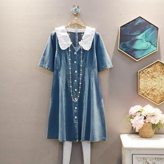 Short-sleeve Ruffled-trim Peter Pan Collar Panel Denim Dress