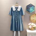 Short-sleeve Ruffled-trim Peter Pan Collar Panel Denim Dress