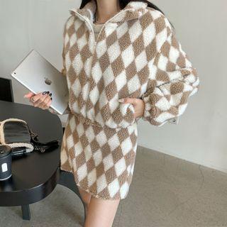 Argyle Dumble Zip-up Jacket & Mini A-line Skirt Set