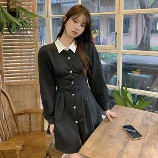 Long-sleeve Color-block Slim-fit Dress Black - One Size