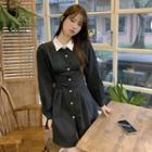 Long-sleeve Color-block Slim-fit Dress Black - One Size