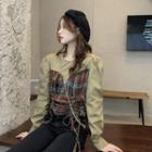 Mock Two Piece Plaid Blouse As Shown In Figure - One Size
