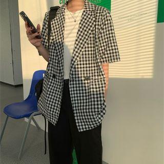 Elbow-sleeve Double-breasted Plaid Blazer As Shown In Figure - One Size