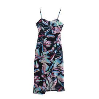 Spaghetti-strap Floral Asymmetrical Midi Sheath Dress