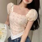 Asymmetrical Puff-sleeve Floral Print Blouse