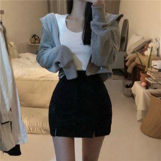 Zip-up Hoodie / Mini Pencil Skirt / Long-sleeve Top