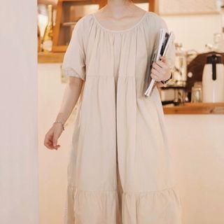 Puff-sleeve Tiered Midi A-line Dress Almond - One Size