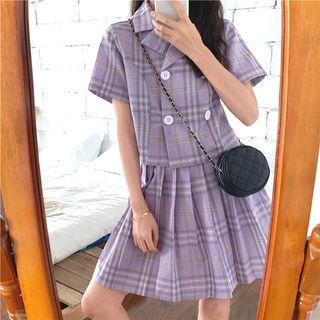 Set: Plaid Loose-fit Short-sleeve Shirt + Pleated Skirt