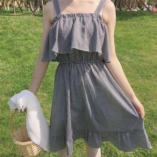 Plaid Spaghetti-strap Ruffle A-line Dress