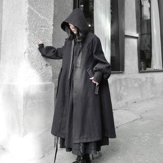 Lantern-sleeve Plain Medium Long Hooded Coat